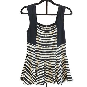 'Free People' Sedgwick Jacquard Striped Peplum Top Black and Cream Medium